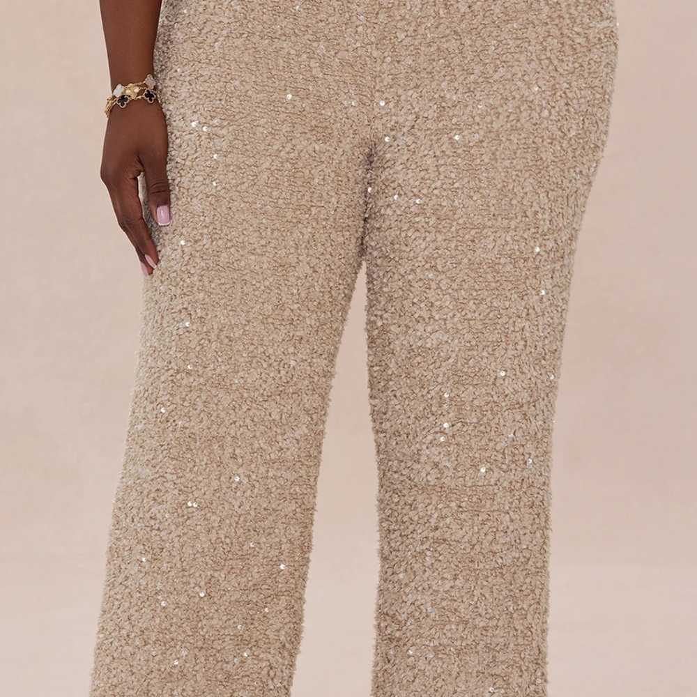 Fashion Nova Textured Cream Wide Leg Pants